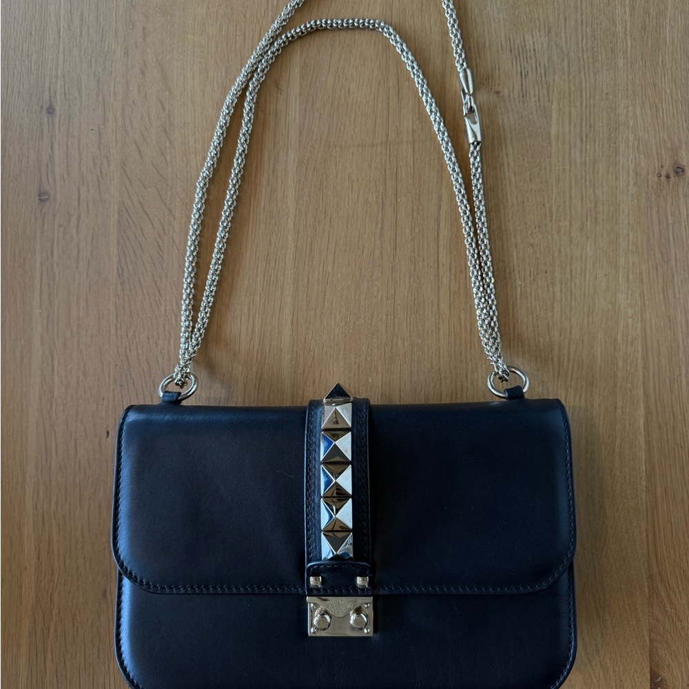 Valentino Black Leather Medium Rockstud Glam Lock Shoulder Bag